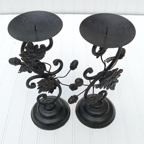 Metal Bronze Acorn Grape Leaf Candlestick Pair Pillar Candle Holder Thanksgiving - Picture 14 of 16
